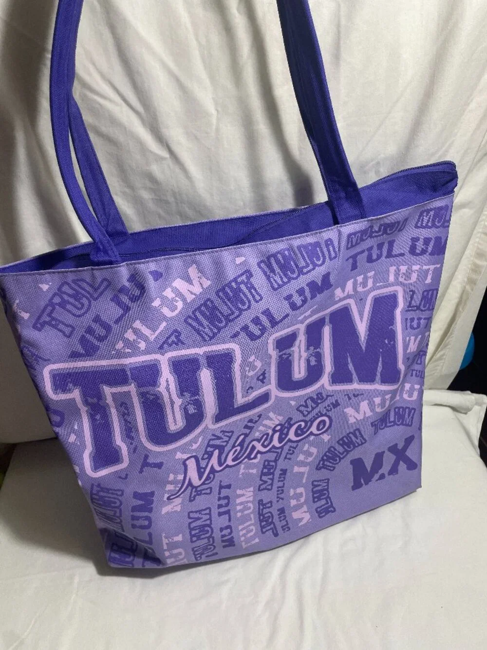 Tulum Mexico Purple Zipper Tote Bag Travel Beach Shopping Souvenir Polyester